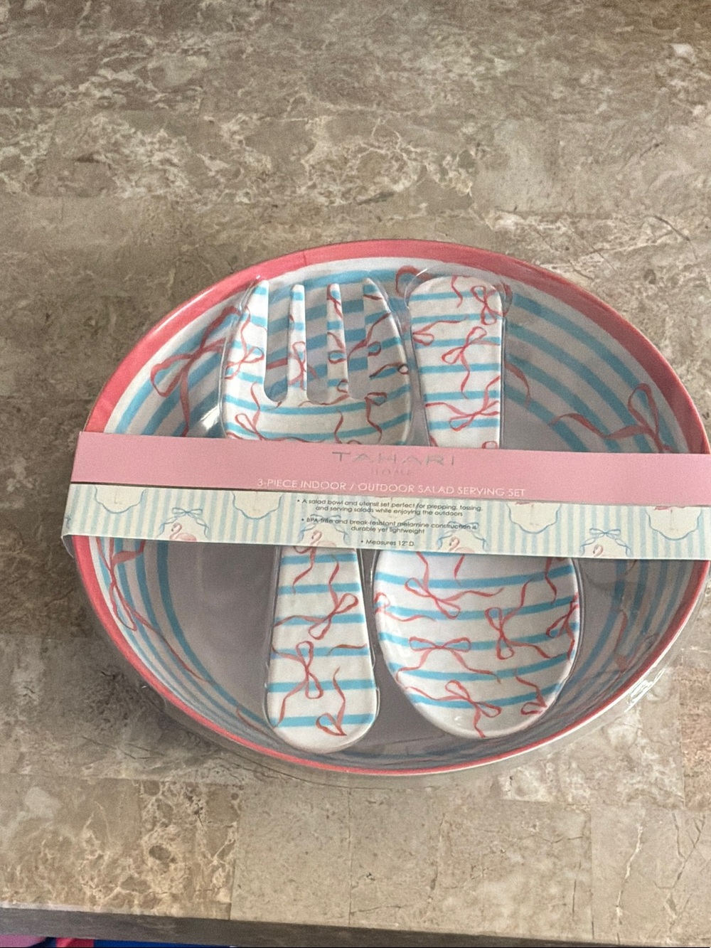 Tahari  Pink and Light Blue Striped Salad Bowl with Matching Utensils